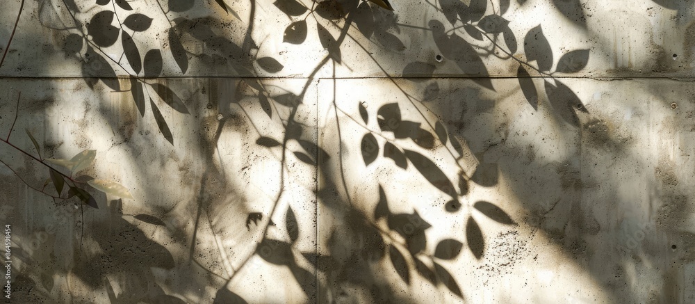 Poster Shadow of leaves creating abstract patterns on a cement wall with copy space image.