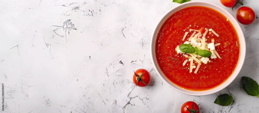 Poster tomato soup homemade topped with fresh cheese, blank background space for text and images available.