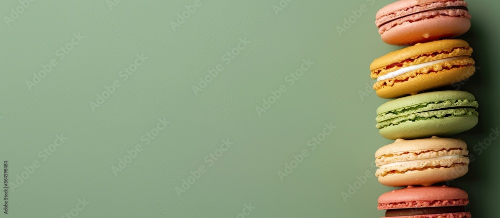 Poster close-up of colorful macaron or macaroon, a sweet meringue-based treat on a green background, with s