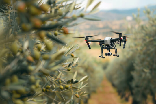 Drone checking and observing olive trees, Smart technologies in agriculture 