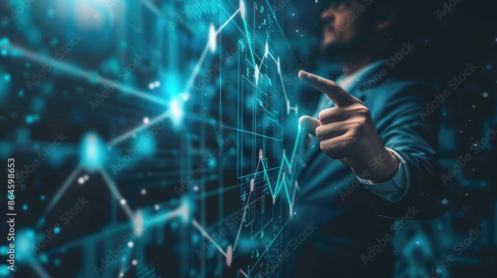 Poster a businessman pointing at a digital graph showing upward growth representing success and progress