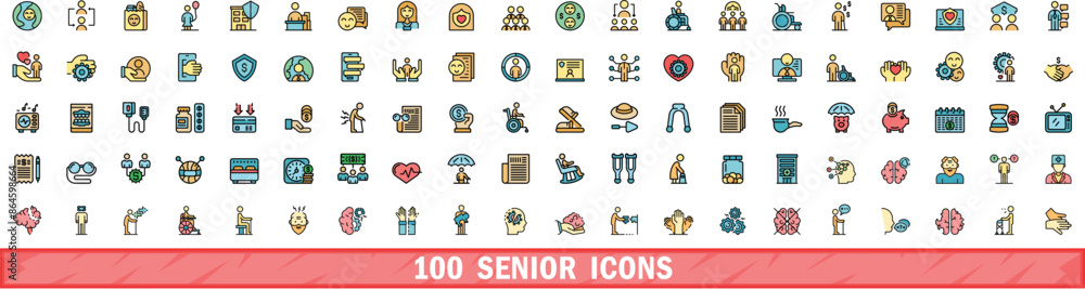 Wall mural 100 senior icons set. color line set of senior vector icons thin line color flat on white - Wall murals