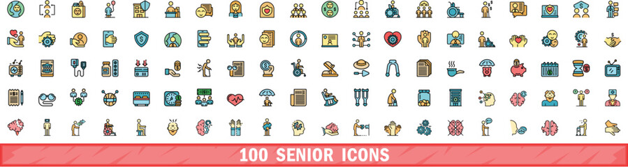 100 senior icons set. Color line set of senior vector icons thin line color flat on white
