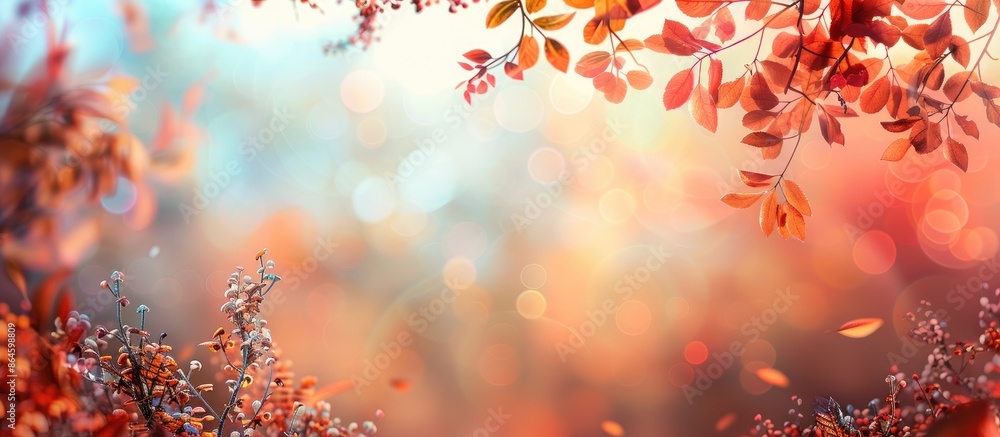 Poster autumn park setting with vibrant foliage hanging against a sky backdrop featuring bokeh, ideal for a