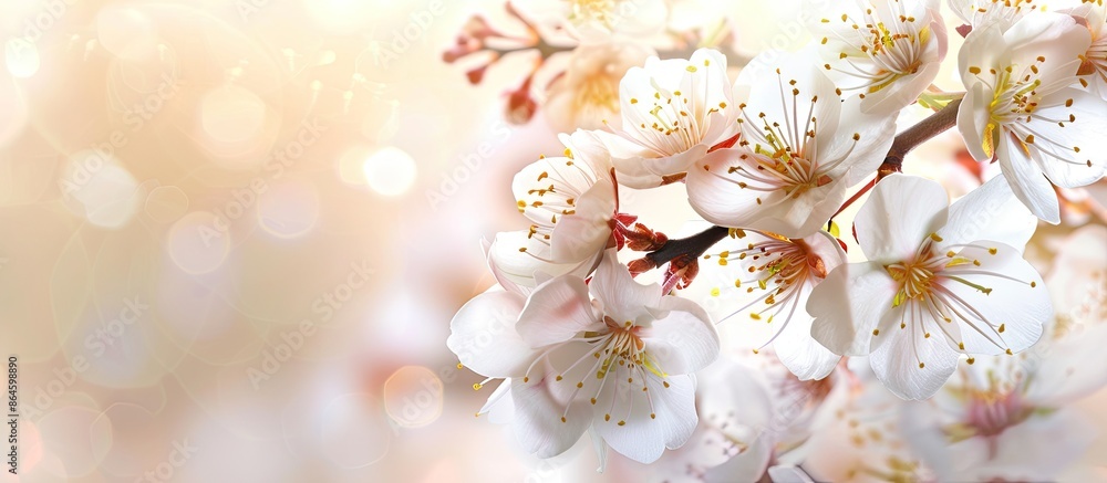 Poster Apricot tree branch with white flowers creating a spring-themed copy space image.