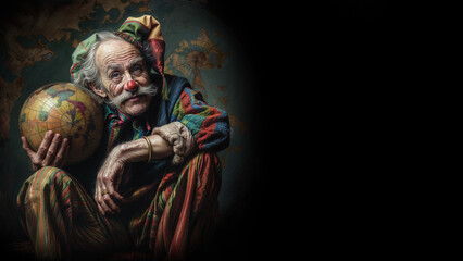 Old jester in a colourful costume, sitting on the ground, smiling and holding a world globe.  Copy space on black background, aspect ratio 16:9