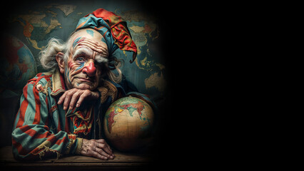 Old clown in a colorful costume, sitting on the ground, with his head resting on his hand and holding a world globe.  Copy space on black background, aspect ratio 16:9