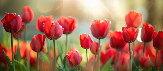 Fototapeta premium Red tulips offer a soft touch in a garden field with blurred backdrop and gentle sunlight, perfect for a horizontal floral poster, wallpaper, or holiday card. They belong to the lily family and make