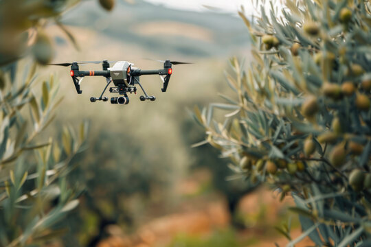 Drone checking and observing olive trees, Smart technologies in agriculture 