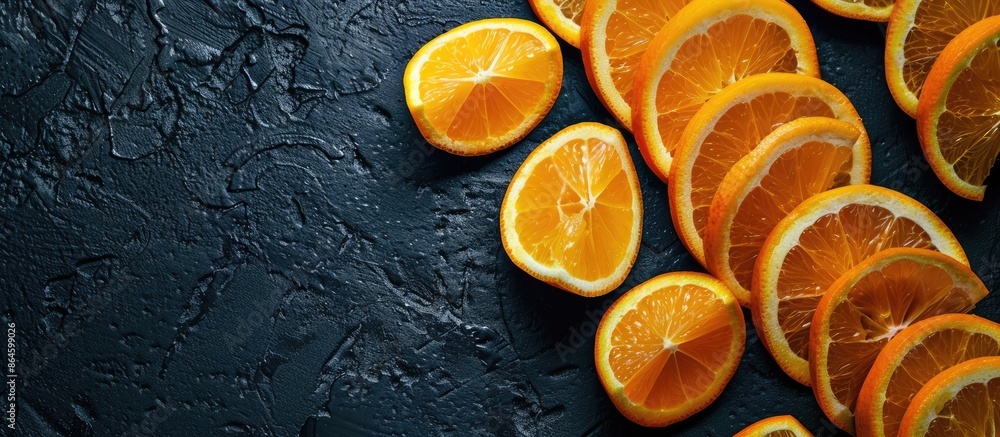 Poster orange wedges arranged neatly on a dark table with ample copy space image.