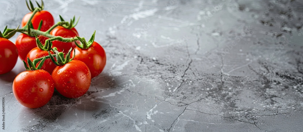 Poster fresh small bio tomatoes displayed on a grey marble surface with copy space image.