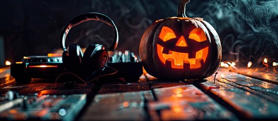 A Halloween-themed pumpkin sits on a DJ table beside headphones against a dark background, creating a festive concept with room for a copy space image.