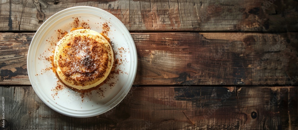 Poster top view of a saucer dessert on a wooden backdrop with ample copy space image.