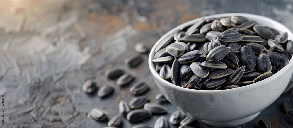 Poster close-up of black sunflower seeds in a bowl on a bright background with a blank space for text or im