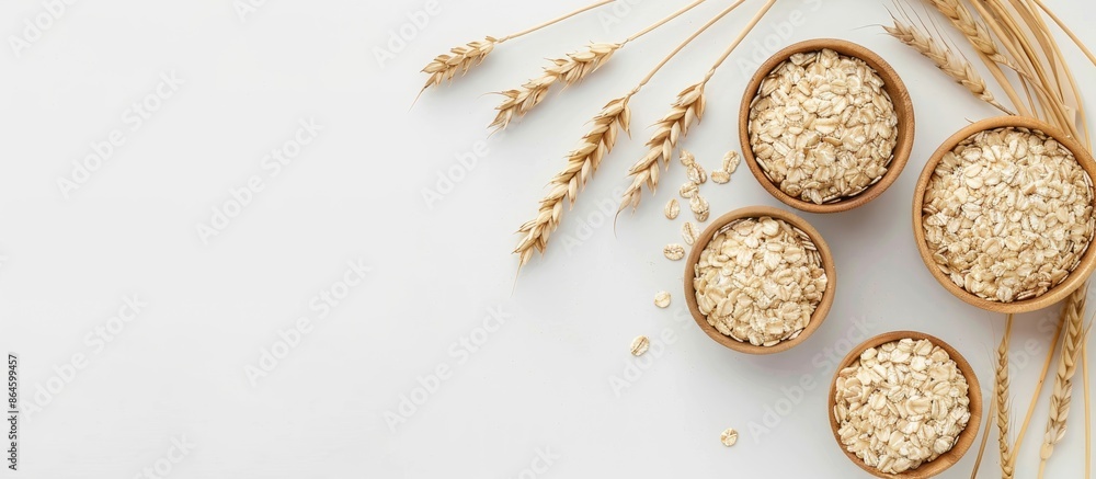 Wall mural Top view of bowls with oatmeal and oats next to wheat sprigs on a white background with space for image placement. Copy space image. Place for adding text and design