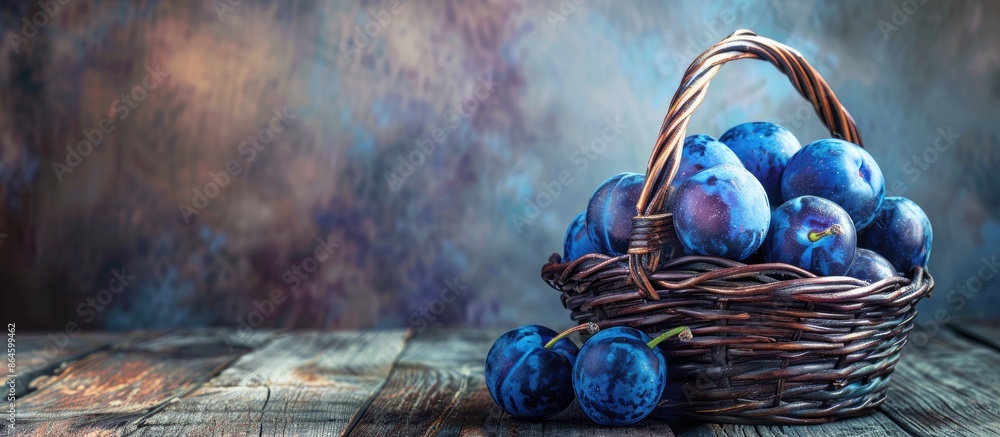 Poster A rustic basket holds ripe, juicy blue plums, perfect for Thanksgiving, with copy space for a personalized touch.