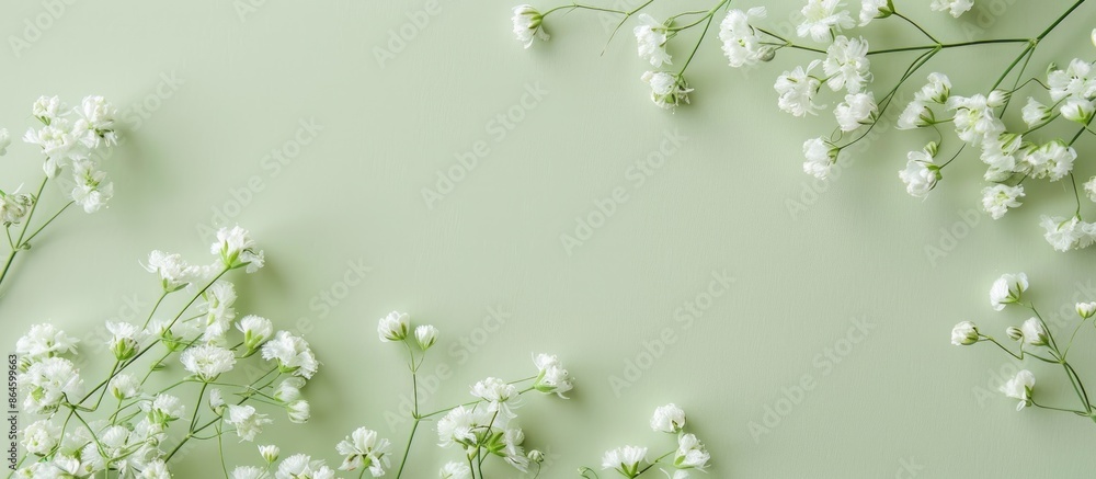 Poster gypsophila flower card on light green background with space for writing, displayed flat. copy space 