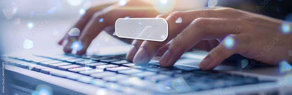 Poster hands typing on a laptop keyboard, with bokeh light effects, symbolizing technology and online work.