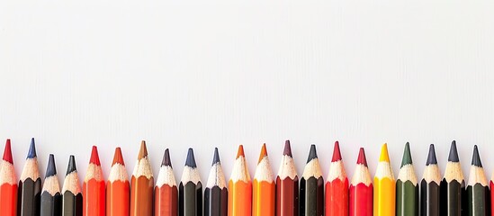 Colorful pencils in a row on a white backdrop, forming a border with ample copy space image, predominantly in shades of red, orange, and yellow.