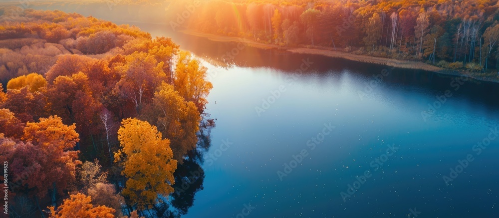 Aufkleber a serene aerial photograph capturing the autumn sun reflecting on a vast lake with ample space for t