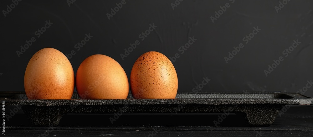 Aufkleber three fresh chicken eggs on a tray against a black background with a blank space for text or an imag