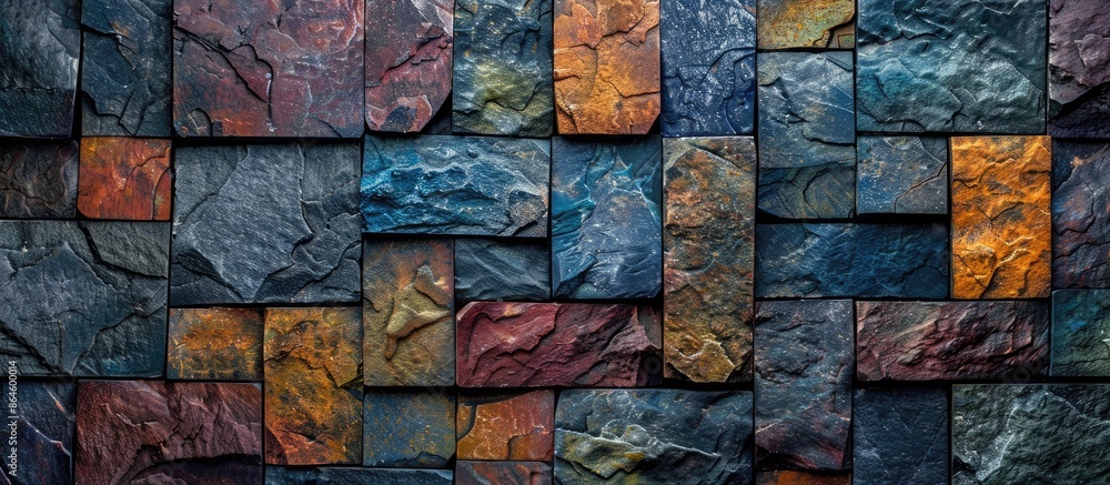 Aufkleber colorful rectangular bricks randomly adorn a dark stone surface against a black backdrop, providing 