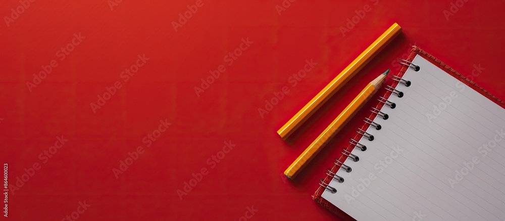 Poster a pencil and notebook rest on a vibrant red backdrop, creating a striking image with copy space.