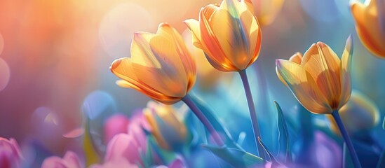 Yellow-bluish tulip flowers and petals on a floral backdrop with a close-up of tulip petals in nature.