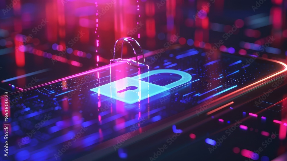 Poster a digital lock icon hovering above a smartphone representing cybersecurity and data protection