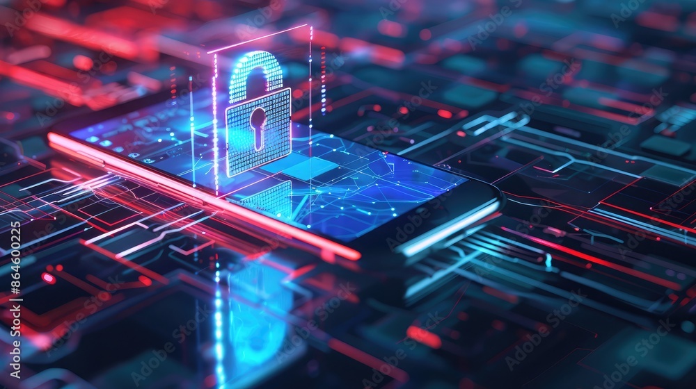Poster a digital lock icon hovering above a smartphone representing cybersecurity and data protection