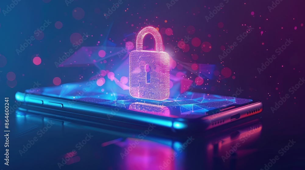 Poster a digital lock icon hovering above a smartphone representing cybersecurity and data protection