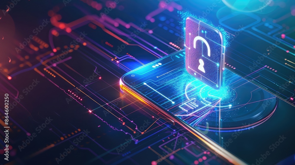 Poster a digital lock icon hovering above a smartphone representing cybersecurity and data protection