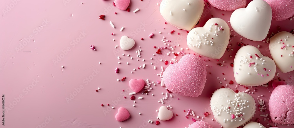 Poster heart-shaped sweets create a delightful background with generous copy space image.