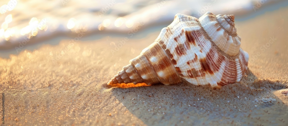 Sticker A seashell resting on the sandy shore, with ample copy space image.