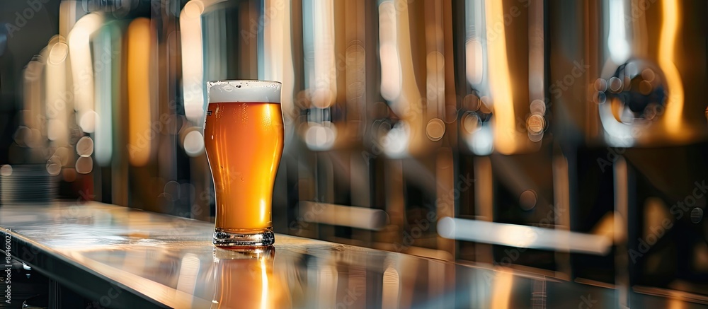 Poster close-up macro shot showcasing a pint of pale ale next to an empty glass in a microbrewery setting, 