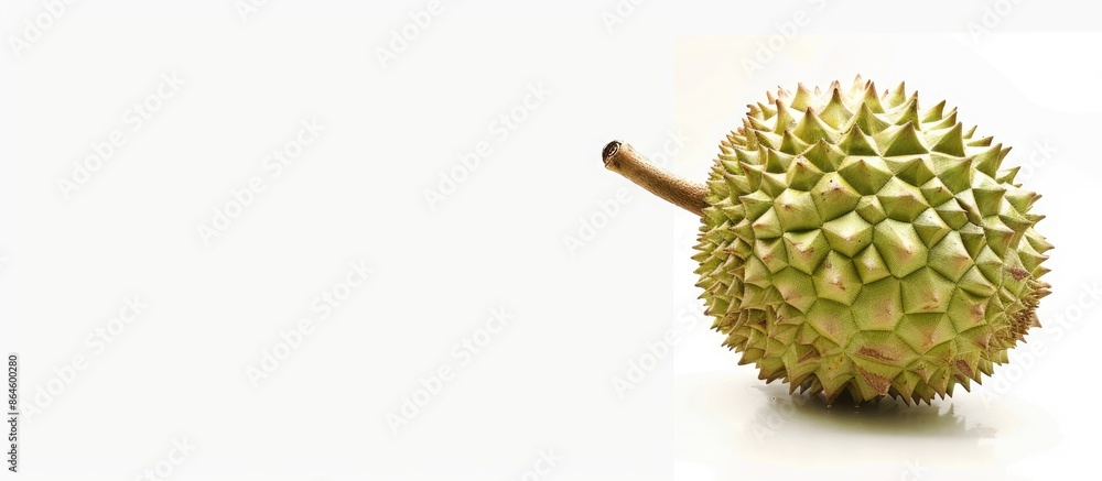 Poster close-up image of a durian on a white background with ample copy space.
