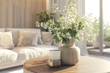 Design interior of living room with flowers in vase and elegant personal accessories. AI Generated 