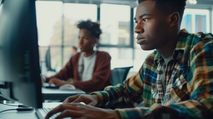 young Afro-American man working with computer