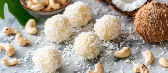 Obraz premium Keto fat bombs made with coconut and cashews, sliced into portions with a blank space for images. Copy space image. Place for adding text and design