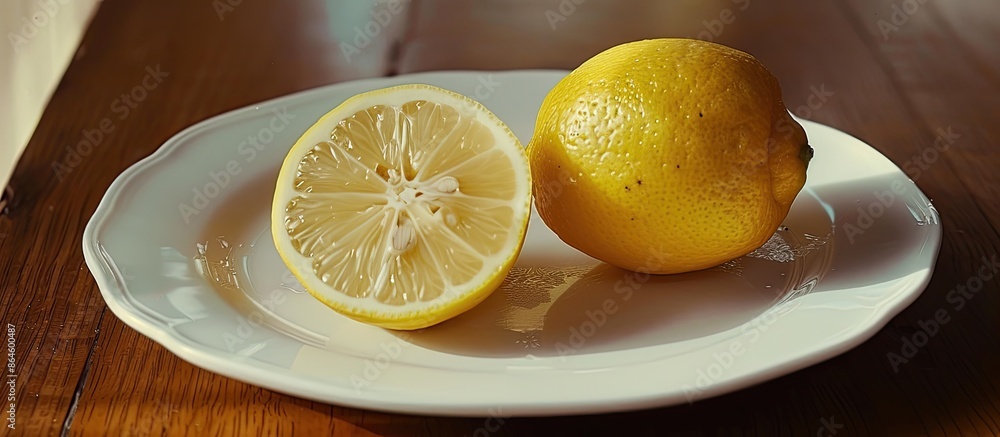Poster a lemon sliced in two parts, with a copy space image showing both halves next to a whole lemon on th