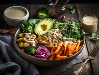 Colorful vegan Buddha bowl with fresh vegetables, quinoa, and avocado.