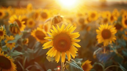 Fototapeta premium A field of bright yellow sunflowers facing the sun