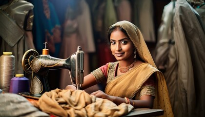 Indian woman in traditional clothing working in a sewing workshop making clothes in India.