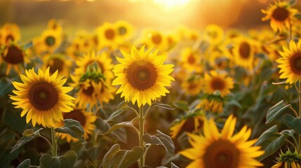 A field of bright yellow sunflowers facing the sun