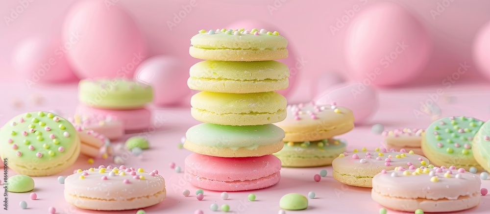 Poster spring or easter themed butter cookies arranged in a stack surrounded by pink and green colors again
