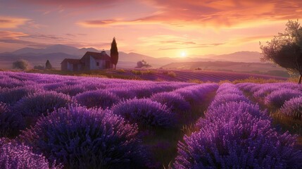 A field of lavender at dawn with a farmhouse in the background