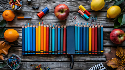 Black to school,  table with a variety of colorful pencils, pens, and notebooks. table is surrounded by fruit