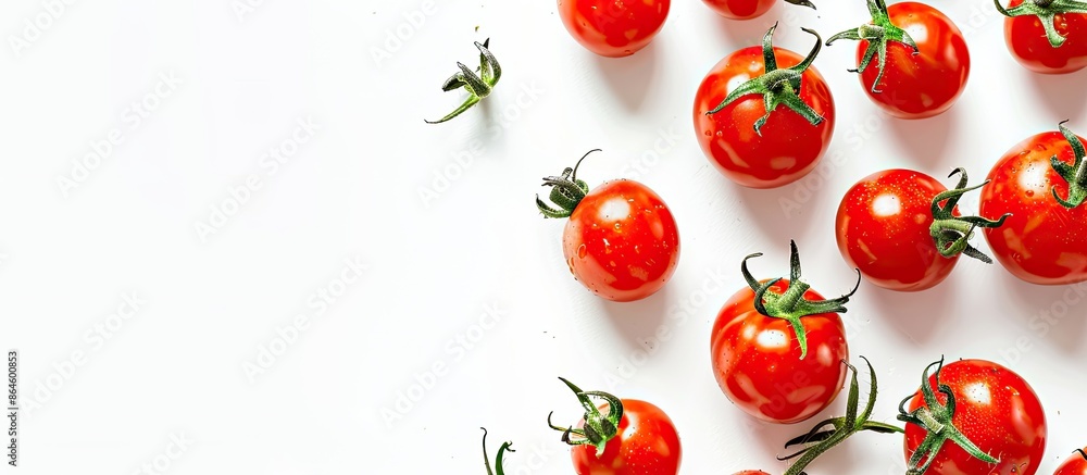 Sticker Red organic tomatoes on a white backdrop with available space for text or images. Copy space image. Place for adding text and design