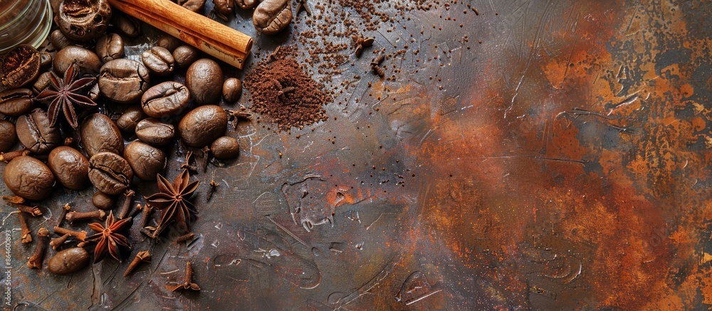 Poster top view of roasted coffee with cinnamon and badian on a brown rusty metal background, providing a r