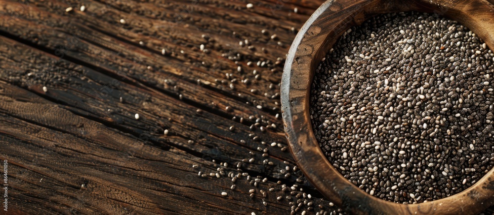 Wall mural Close-up image of organic chia seeds in a bowl on a wooden surface with copy space image. - Wall murals